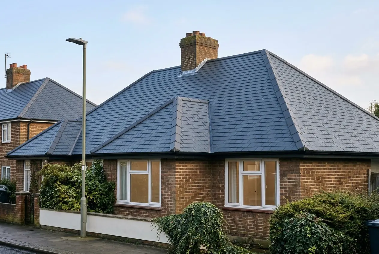 After: the same bungalow with a new blue-grey slate roof and black gutters