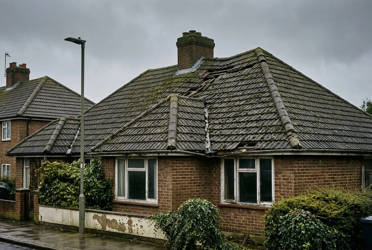 Before: a moss-covered concrete tile roof with slipped and missing tiles