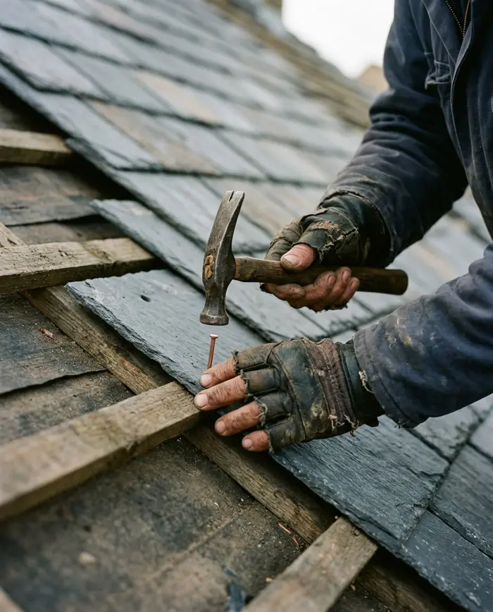 A roofer fixing a natural slate with a copper nail